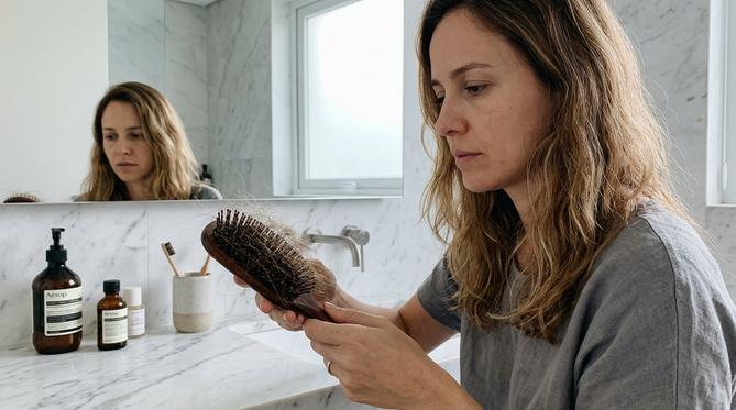 Close-up de mulher com expressão preocupada segurando uma escova cheia de fios de cabelo emaranhados em um banheiro moderno e minimalista com bancada de mármore.
