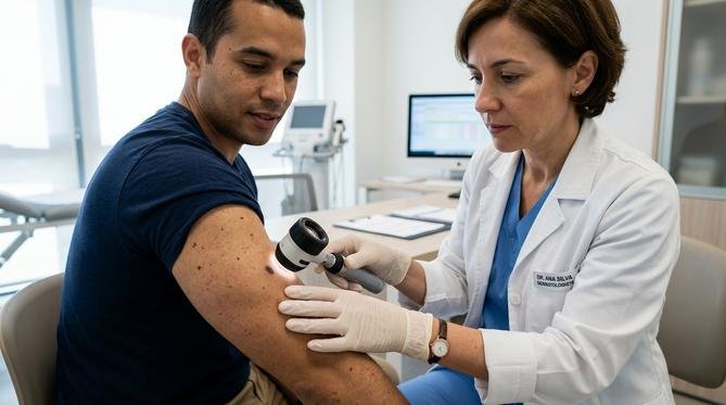 Dermatologista examinando uma pinta na pele do paciente com um dermatoscópio em um consultório moderno.