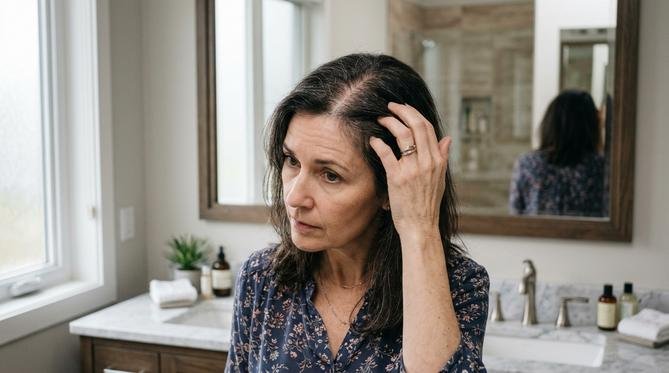 Mulher de meia-idade examinando delicadamente o cabelo ralo na risca do couro cabeludo em um banheiro moderno, transmitindo preocupação.