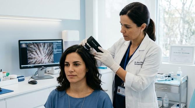 Dermatologista examinando o couro cabeludo de paciente com aparelho de tricoscopia digital em consultório moderno.
