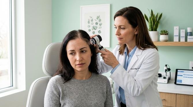 Dermatologista realiza tricoscopia no couro cabeludo de paciente para avaliar afinamento capilar em consultório moderno.