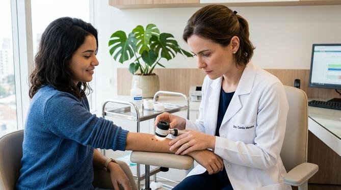 Dermatologista examinando uma pinta na pele do antebraço de uma paciente com um dermatoscópio em um consultório moderno e sereno, com luz natural.