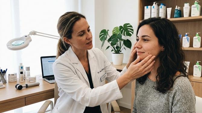 Dermatologista feminina examina o rosto de paciente em consultório moderno e bem iluminado, transmitindo confiança e atenção personalizada.