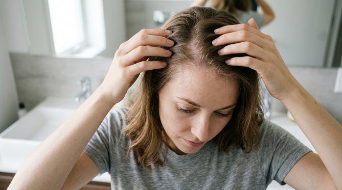 Jovem mulher examinando o couro cabeludo e cabelo com preocupação em um banheiro bem iluminado.