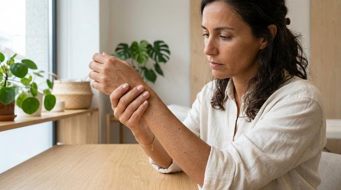 Mulher examina atentamente seu antebraço em um ambiente de bem-estar moderno e claro.