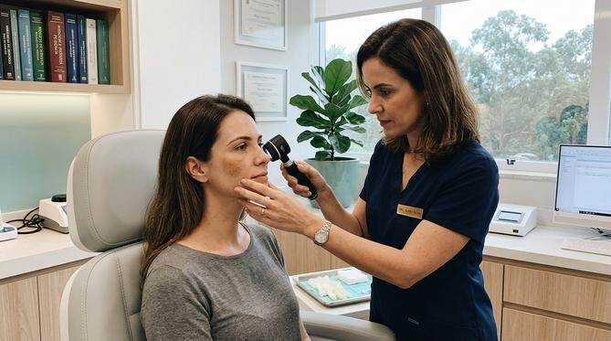 Dermatologista examinando manchas acastanhadas no rosto de uma paciente com dermatoscópio em um consultório moderno e elegante.