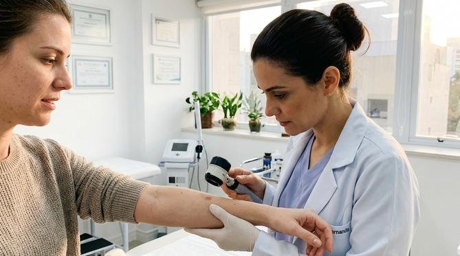 Uma dermatologista examinando um sinal no antebraço de uma paciente com um dermatoscópio em um consultório moderno e iluminado.