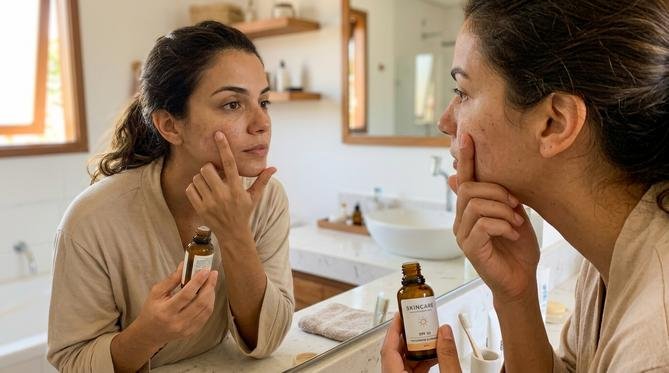 Mulher jovem aplicando creme facial no rosto, olhando seu reflexo no espelho do banheiro.