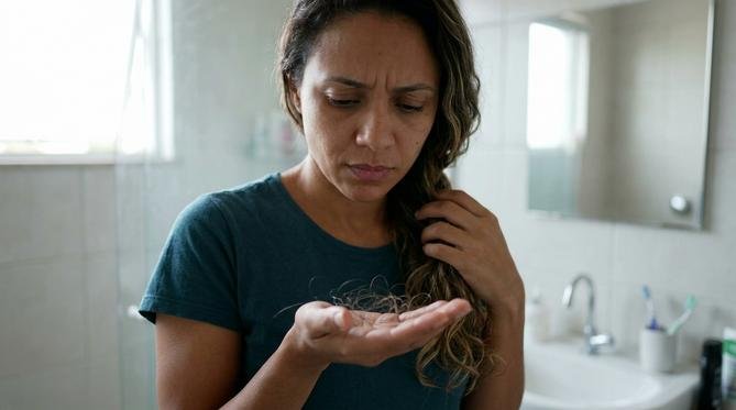 Mulher com expressão de preocupação segurando uma mecha de cabelo solto na palma da mão, em um banheiro iluminado naturalmente.