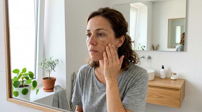 Mulher com hiperpigmentação sutil tocando o rosto pensativamente em um banheiro moderno e iluminado naturalmente.