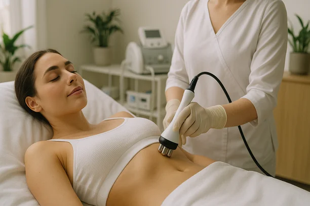 Mulher jovem recebe tratamento estético não invasivo com radiofrequência abdominal por profissional com luvas em consultório moderno.