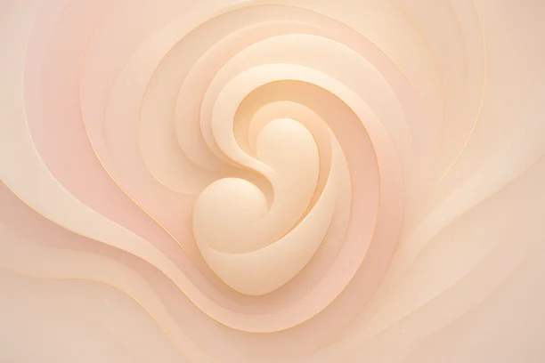 Imagem abstrata com formas orgânicas suaves e espirais fluídas em tons pastel, simbolizando proteção, bem-estar e cuidado personalizado