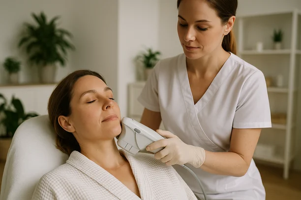 Mulher de olhos fechados recebe aplicação de ultrassom microfocado na mandíbula por esteticista em clínica iluminada e moderna