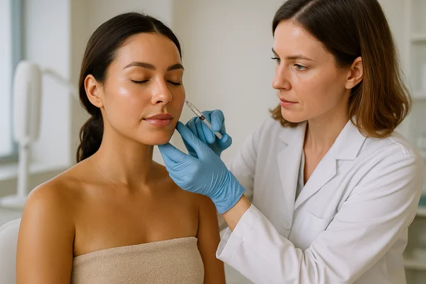 Dermatologista aplicando skinbooster no rosto de uma mulher com pele natural em ambiente clínico bem iluminado