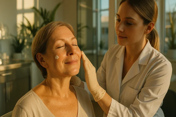 Mulher de meia-idade com pele saudável recebe creme no rosto de esteticista com luvas em clínica bem iluminada, com fundo de plantas decorativas e reflexos suaves nas superfícies metálicas.