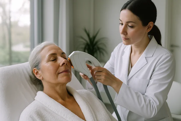 Mulher de pele madura recebe tratamento facial com luz pulsada ajustado por dermatologista em clínica moderna e iluminada naturalmente