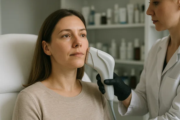 Mulher de 35 anos recebe aplicação de ultrassom microfocado no rosto por profissional com luvas em clínica moderna, com expressão serena e fundo levemente desfocado com produtos dermatológicos.